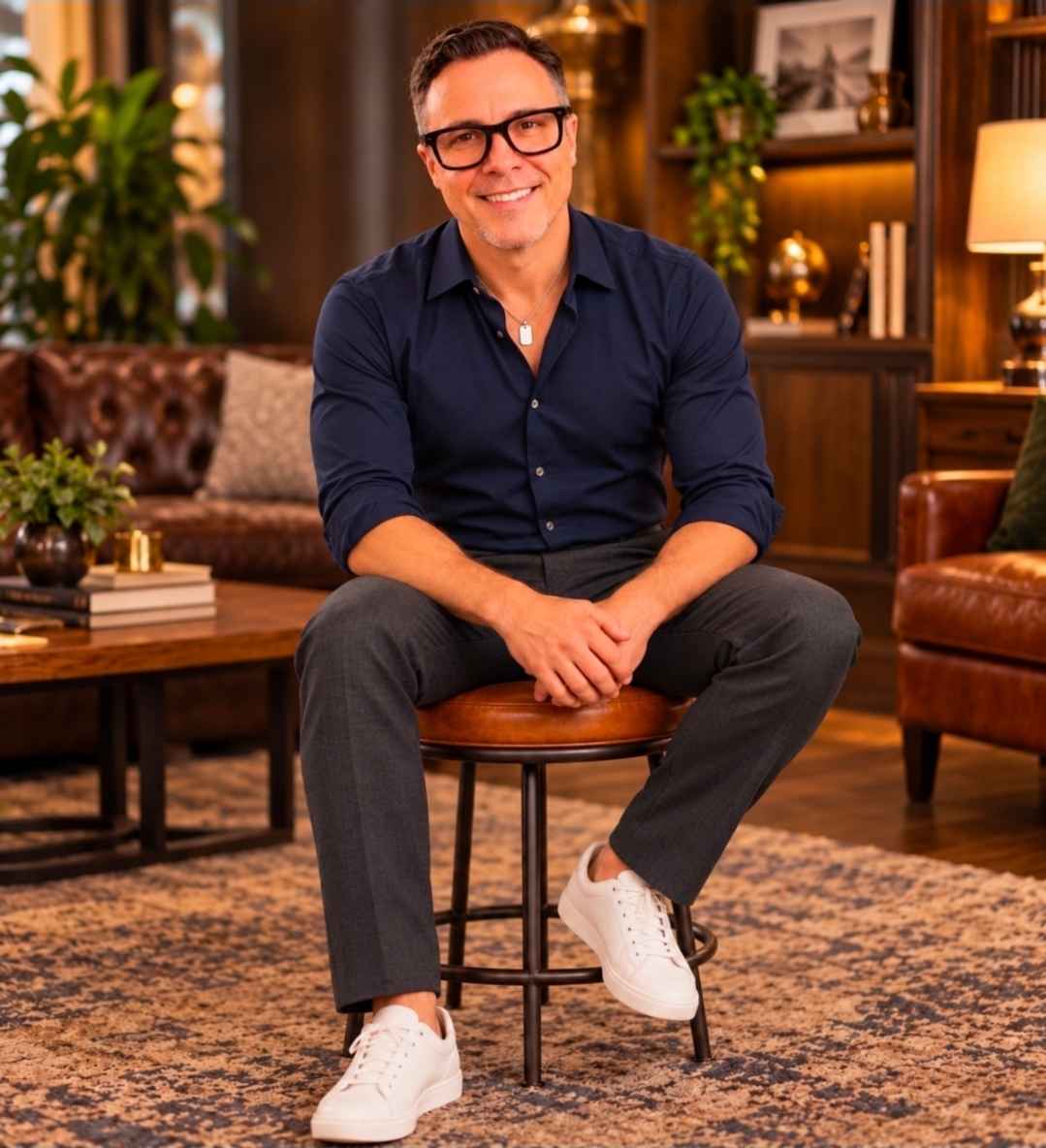 Christopher Schroeder seated in a warm, book-lined room