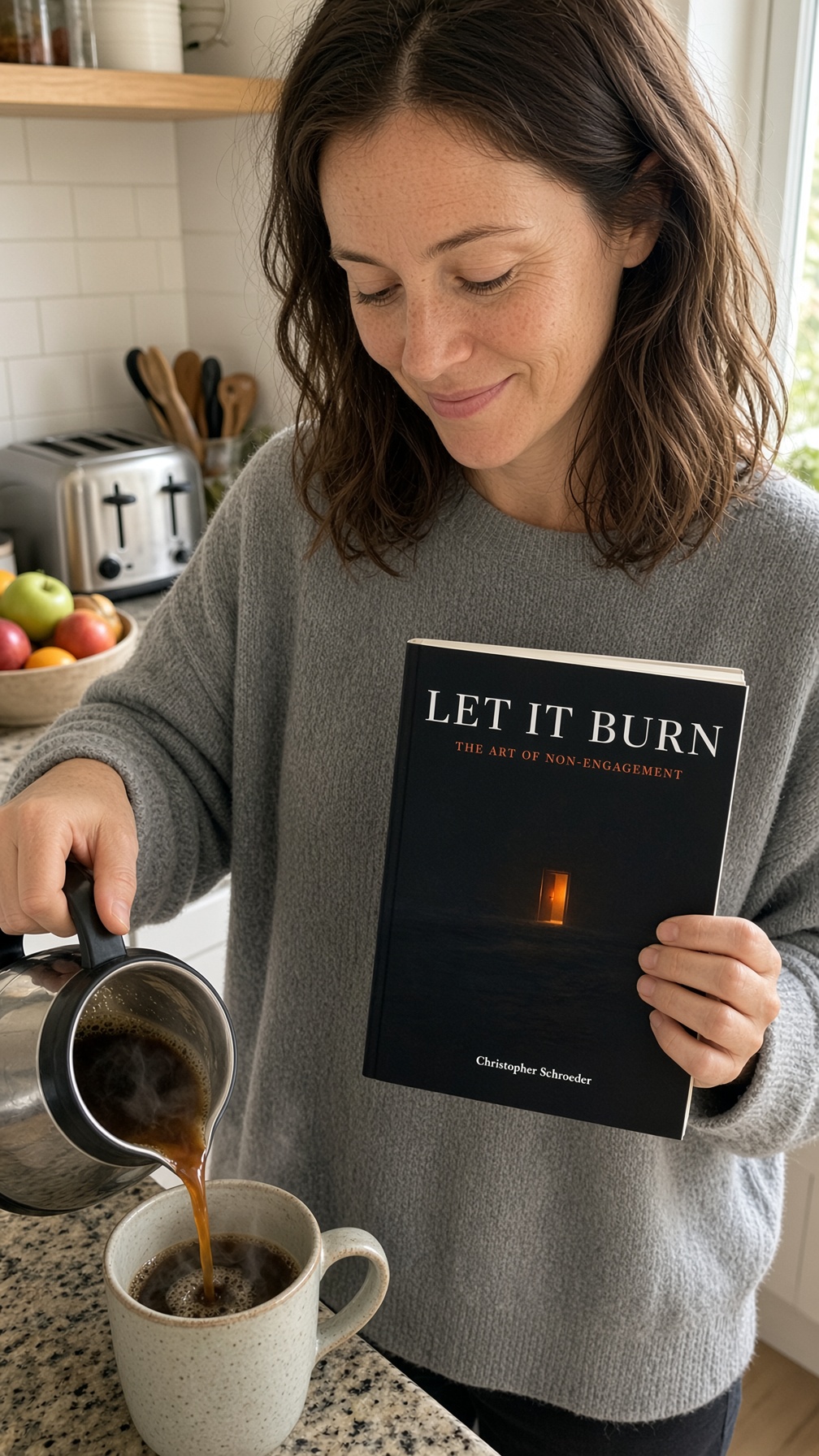 A reader holding a copy of Let It Burn: The Art of Non-Engagement while pouring coffee