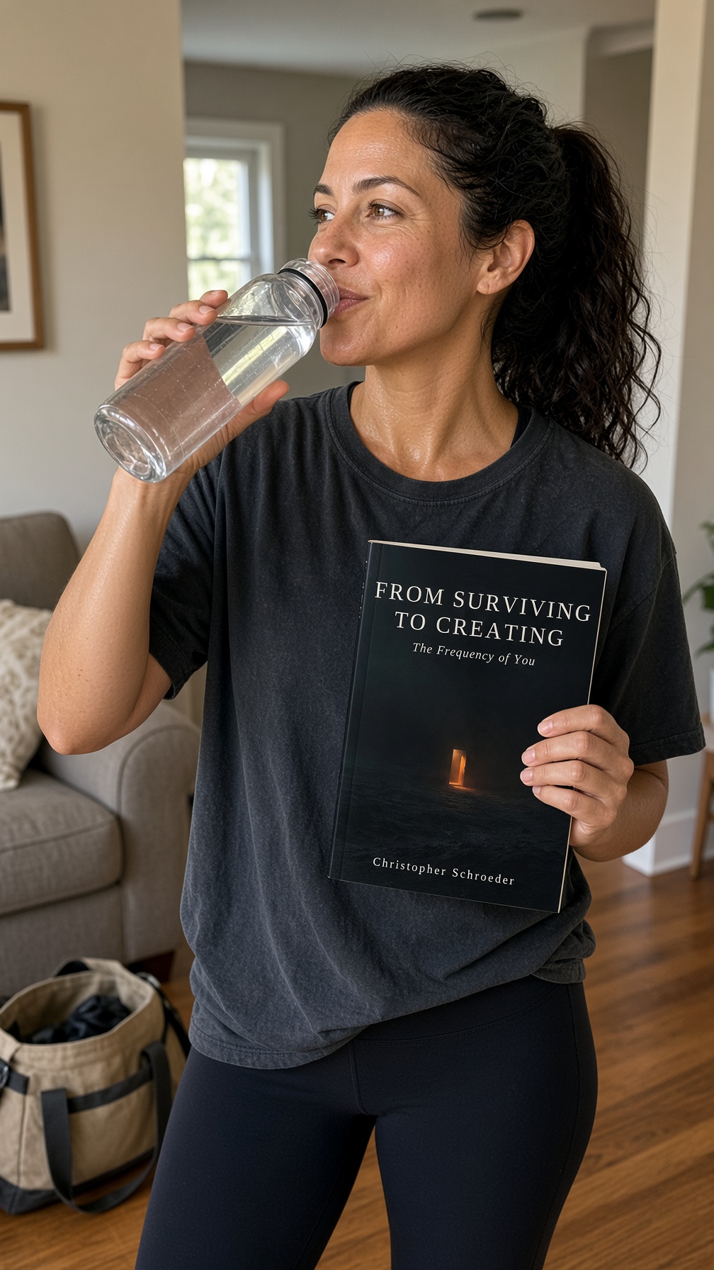 A reader holding a copy of From Surviving to Creating: The Frequency of You while drinking from a water bottle