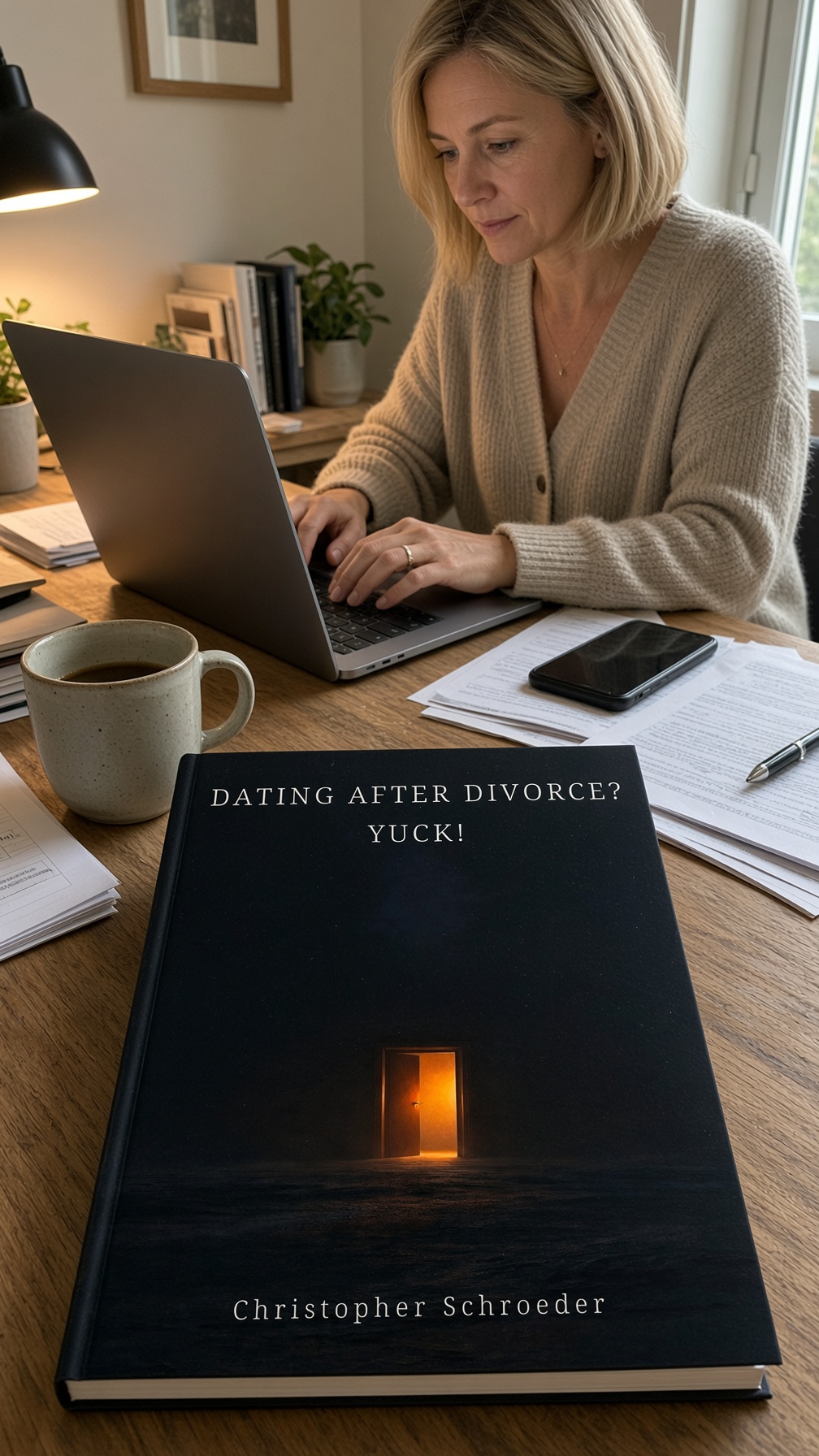 A copy of Dating After Divorce? Yuck! on a desk in front of a reader